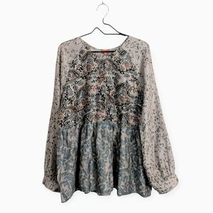 Chan Luu Cotton Silk Blend Oversized Peplum Tunic Top Balloon Long Sleeve Boho L